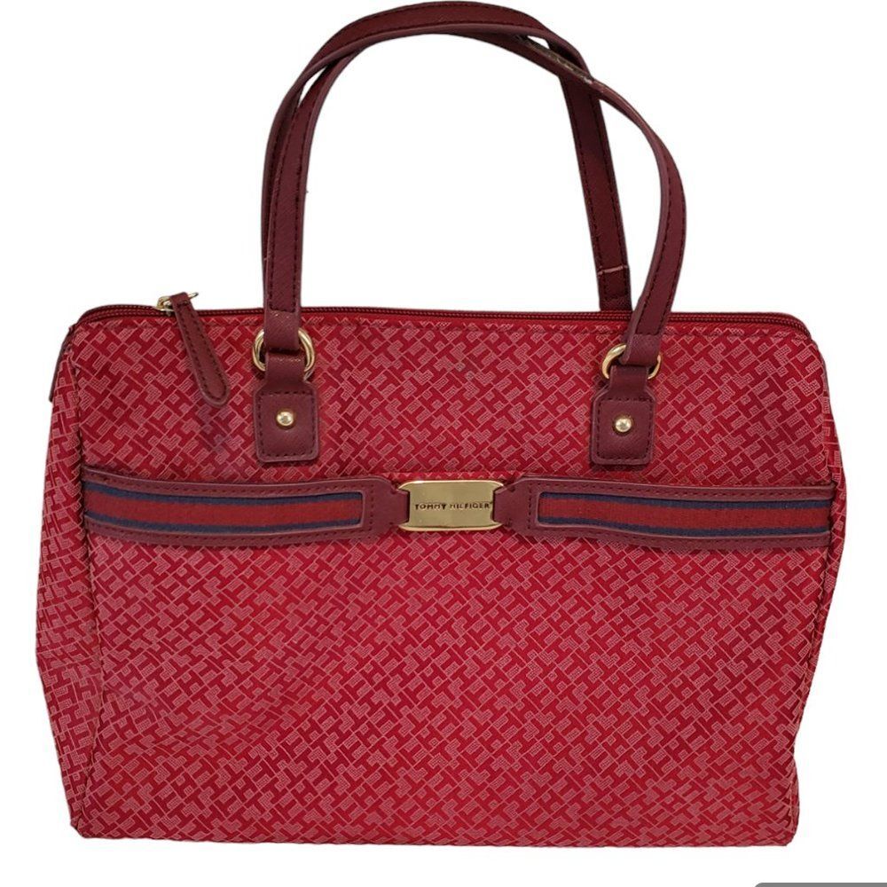 Tommy Hilfiger Burgundy Red Logo Jacquard Preppy Stripe Handbag Purse Classic